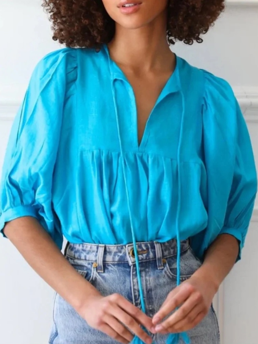 Mille | Women’s Teal Blue Linen V-Neck Tassel Tie Puff Sleeve Peasant Top Size S